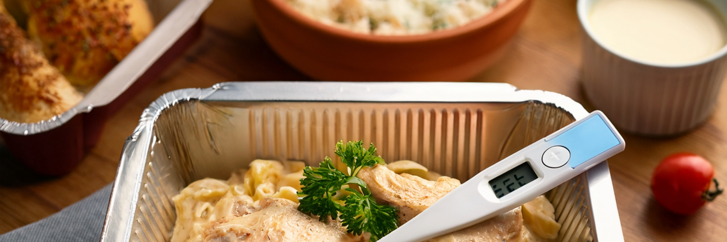 Food thermometer reading 165°F in a ready-to-heat meal
