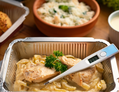 Food thermometer reading 165°F in a ready-to-heat meal