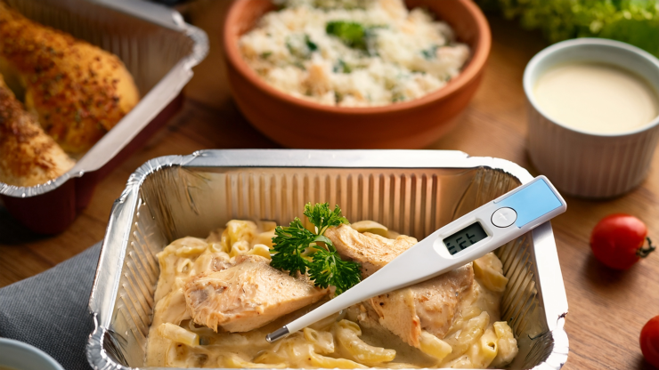 Food thermometer reading 165°F in a ready-to-heat meal